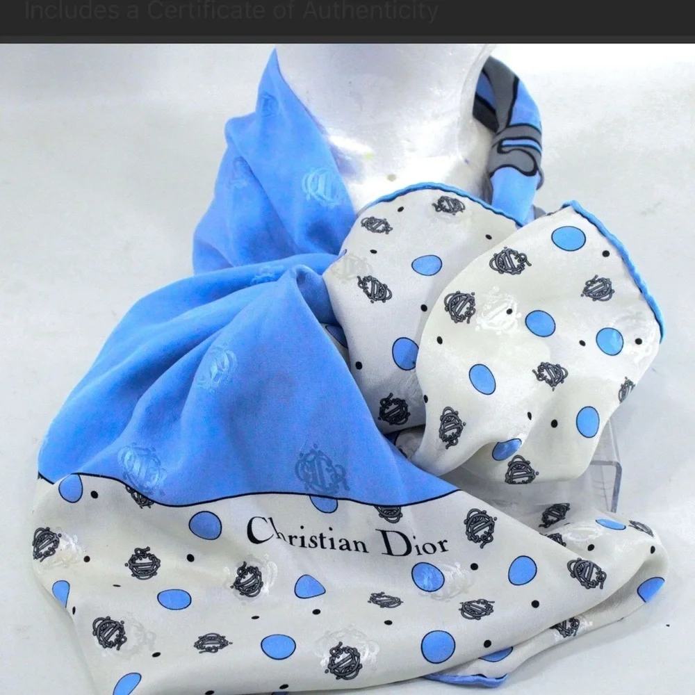 Authentic Dior White and Light Blue Polka Dot Silk Scarf with Black Emblem